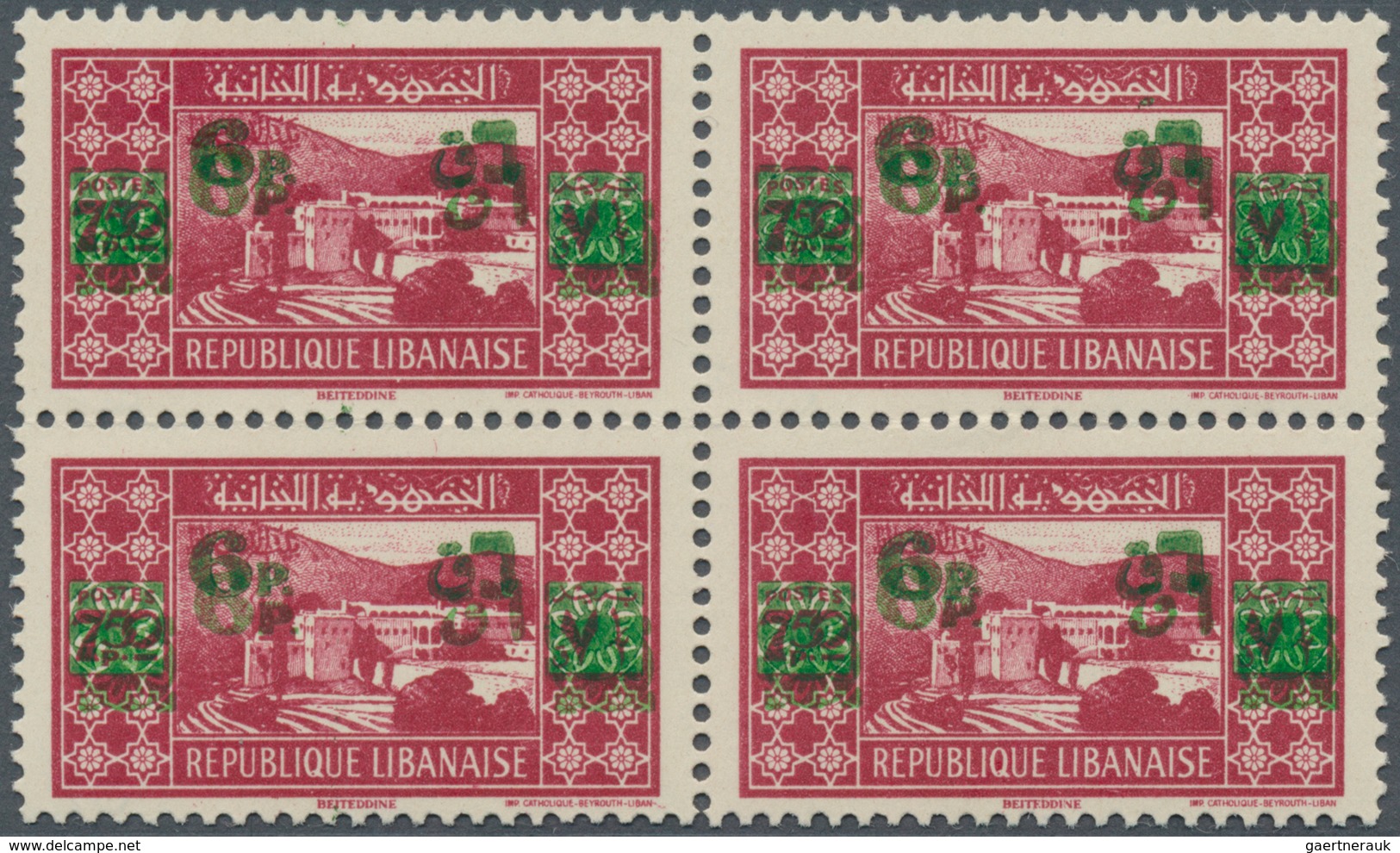 09429 Libanon: 1943, 6 Pi. On 7,50 Pi. Carmine, Green Double Overprint, Block Of Four, Unmounted Mint, Sig - Libanon