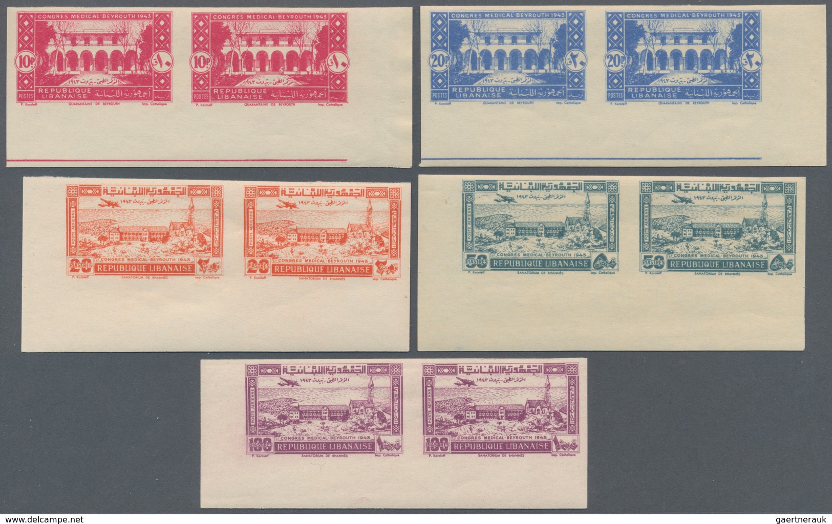 09465 Libanon: 1943, Medical Congress, 10pi. To 100pi., Complete Set Of Five Values WITHOUT Overprint As I - Libanon