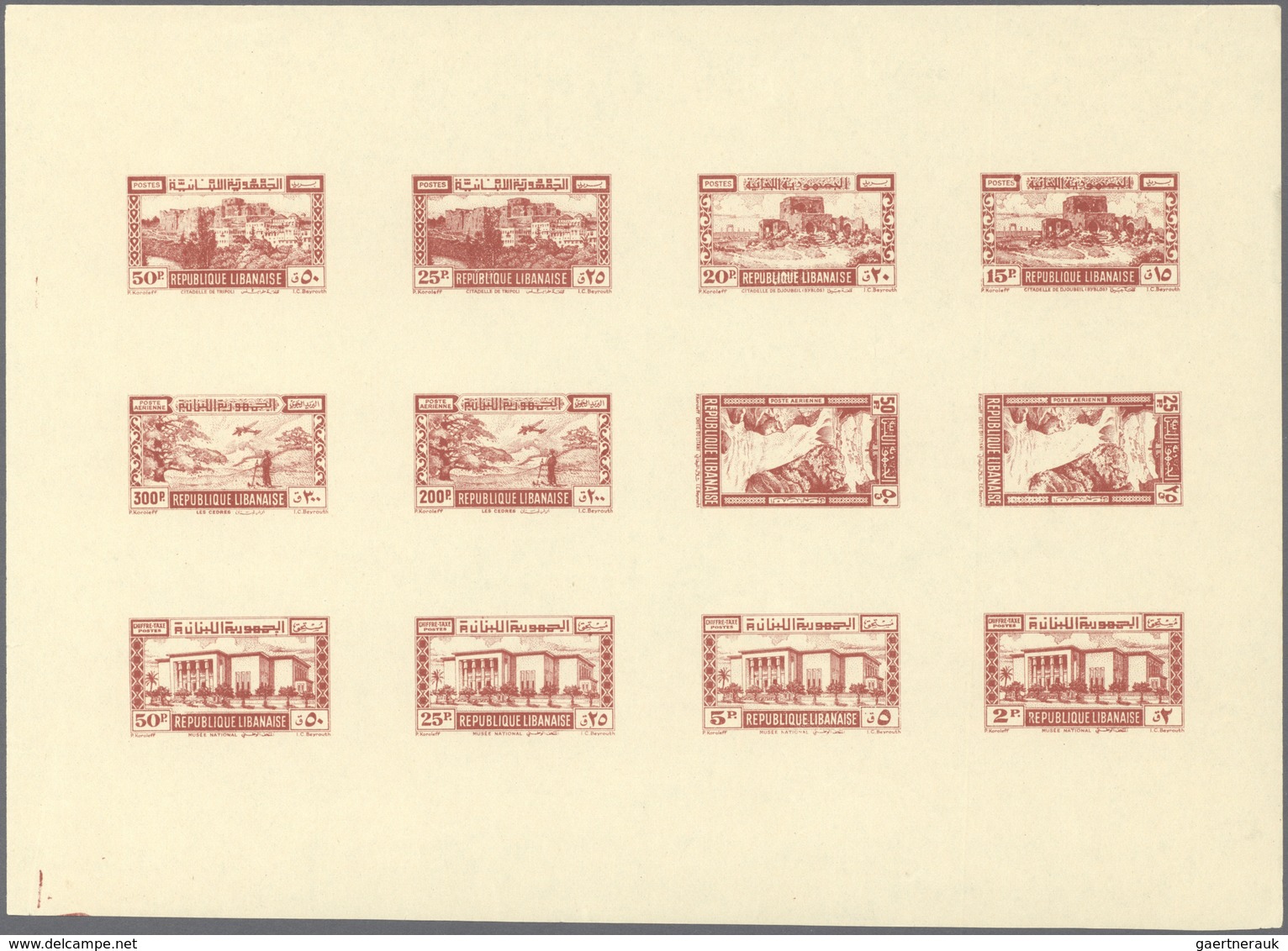 09476 Libanon: 1945, Definitives, Airmails And Postage Dues, Combined Proof Sheet In Brownish Red On Gumme - Libanon