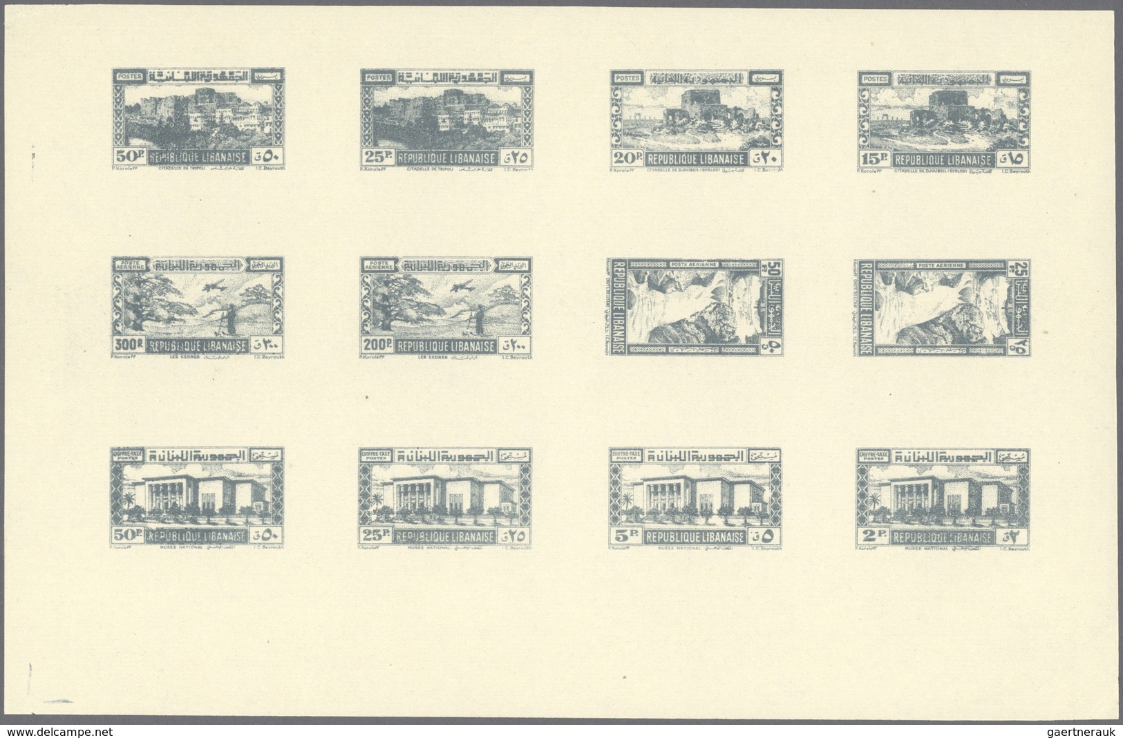 09478 Libanon: 1945, Definitives, Airmails And Postage Dues, Combined Proof Sheet In Slate On Gummed Paper - Libanon