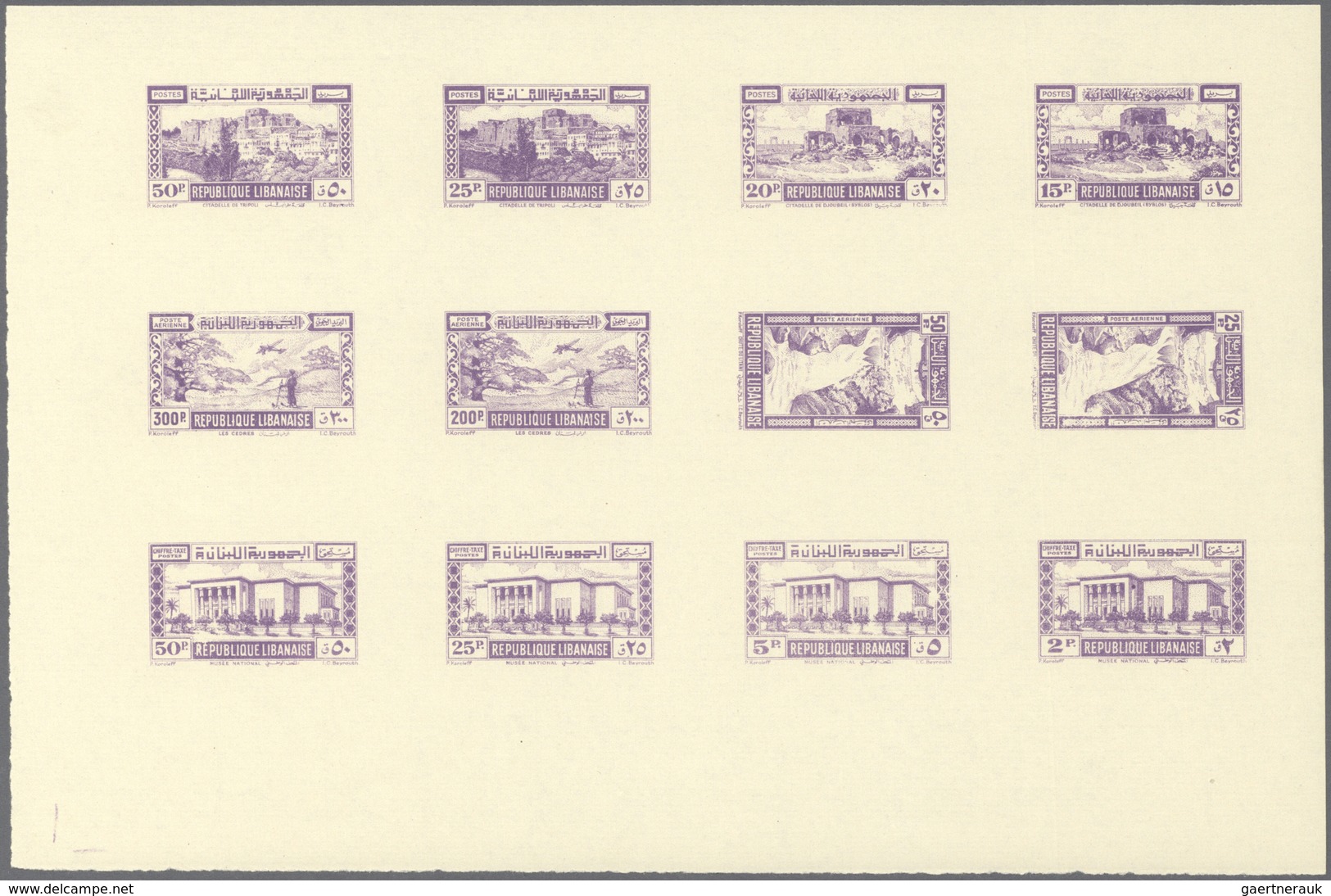 09479 Libanon: 1945, Definitives, Airmails And Postage Dues, Combined Proof Sheet In Violet On Gummed Pape - Libanon