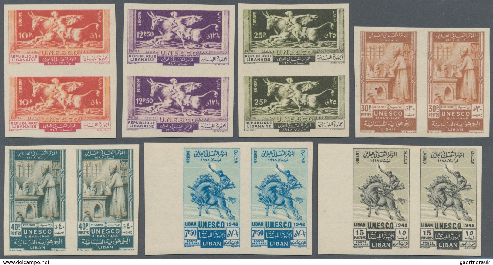 09496 Libanon: 1948, UNESCO, 10pi. To 75pi., Complete Set Of Ten Values As Imperforate Pairs, Mint O.g. Pr - Libanon