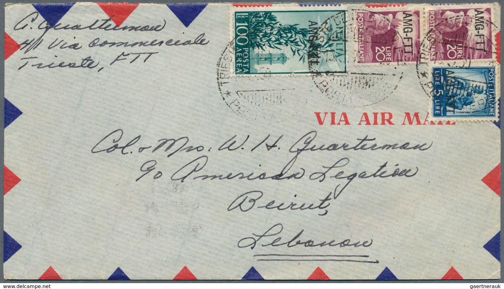 09504 Libanon: 1950, Incoming Mail: Trieste Zone A, 5 L Blue, 2 X 20 L Purple And 100 L Green Airmail-stam - Liban