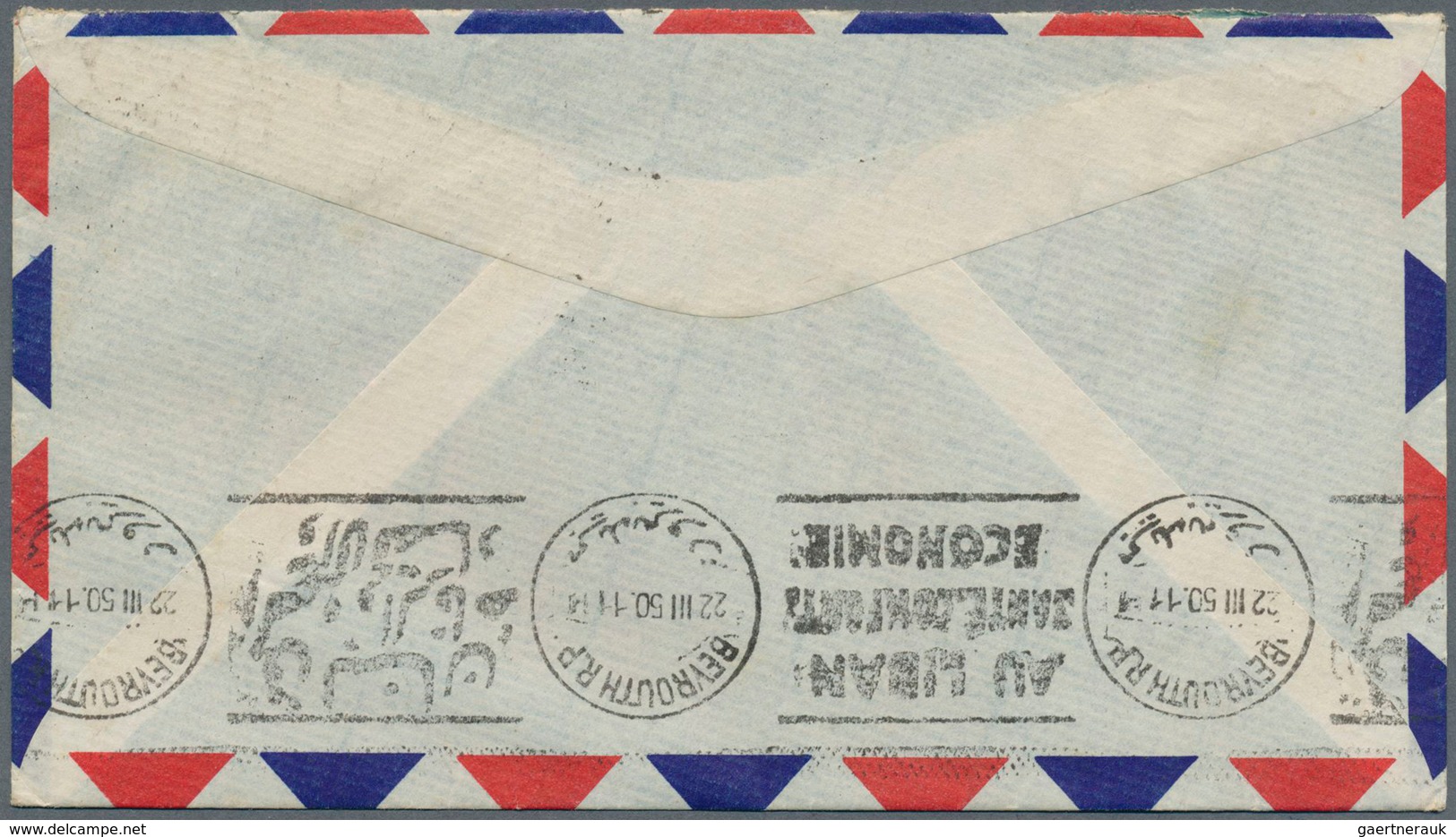 09504 Libanon: 1950, Incoming Mail: Trieste Zone A, 5 L Blue, 2 X 20 L Purple And 100 L Green Airmail-stam - Liban