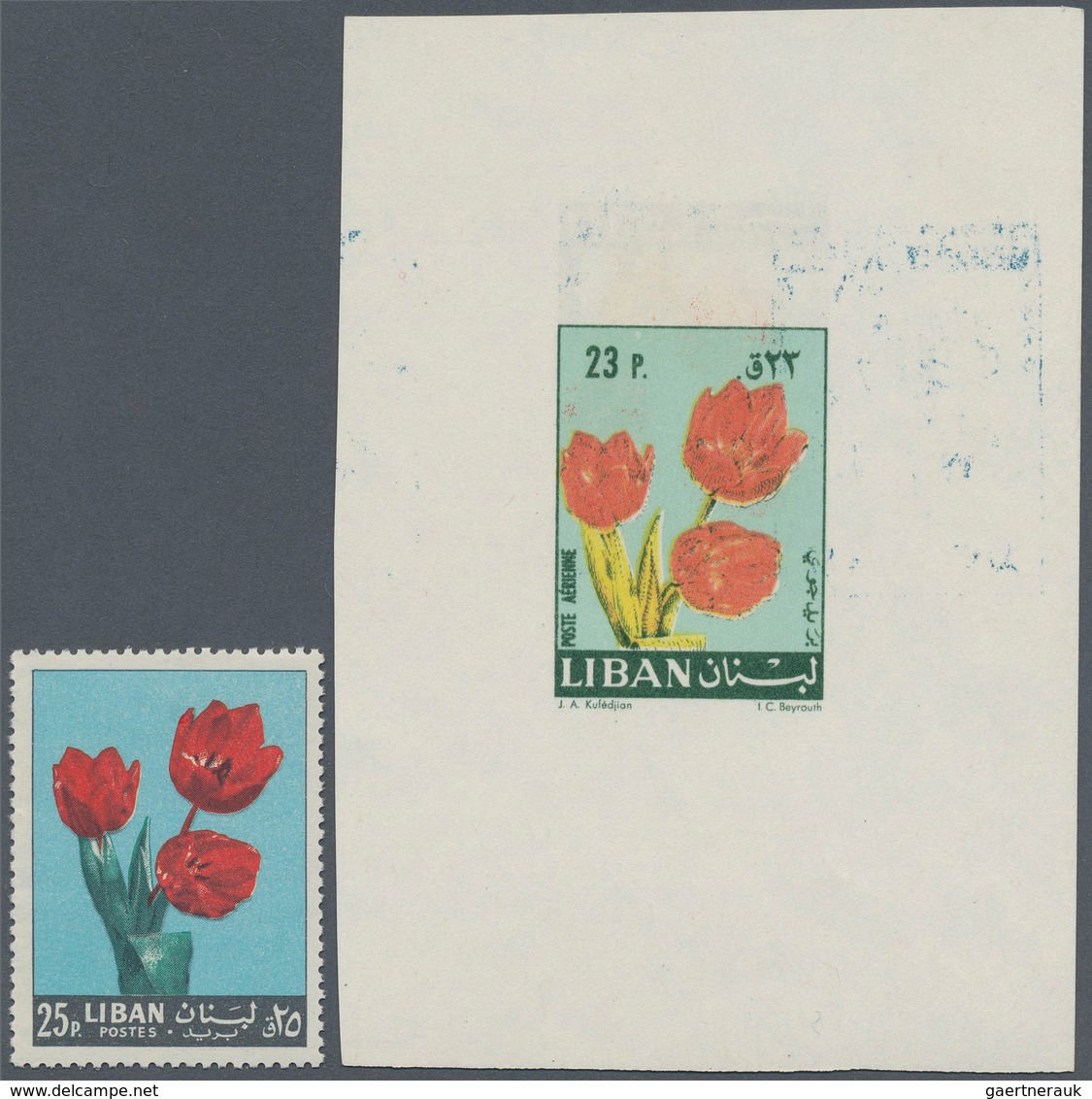 09520 Libanon: 1960 Ca., Tulip 23 Pia. Unissued Value Color Trial Proof On Both Sides Of Sheetlet And Sing - Libanon