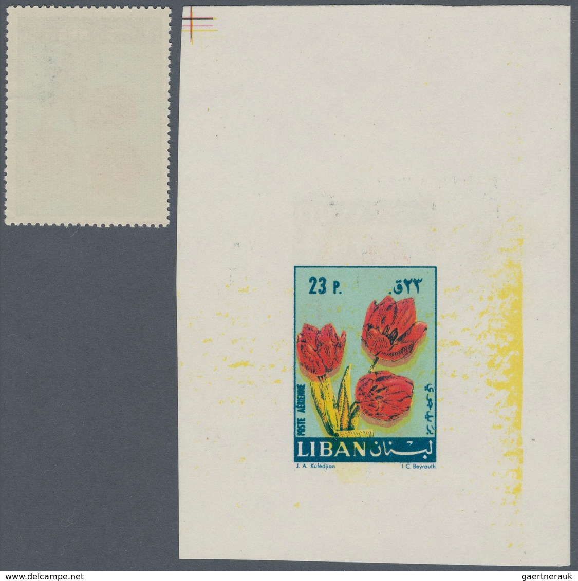 09520 Libanon: 1960 Ca., Tulip 23 Pia. Unissued Value Color Trial Proof On Both Sides Of Sheetlet And Sing - Libanon