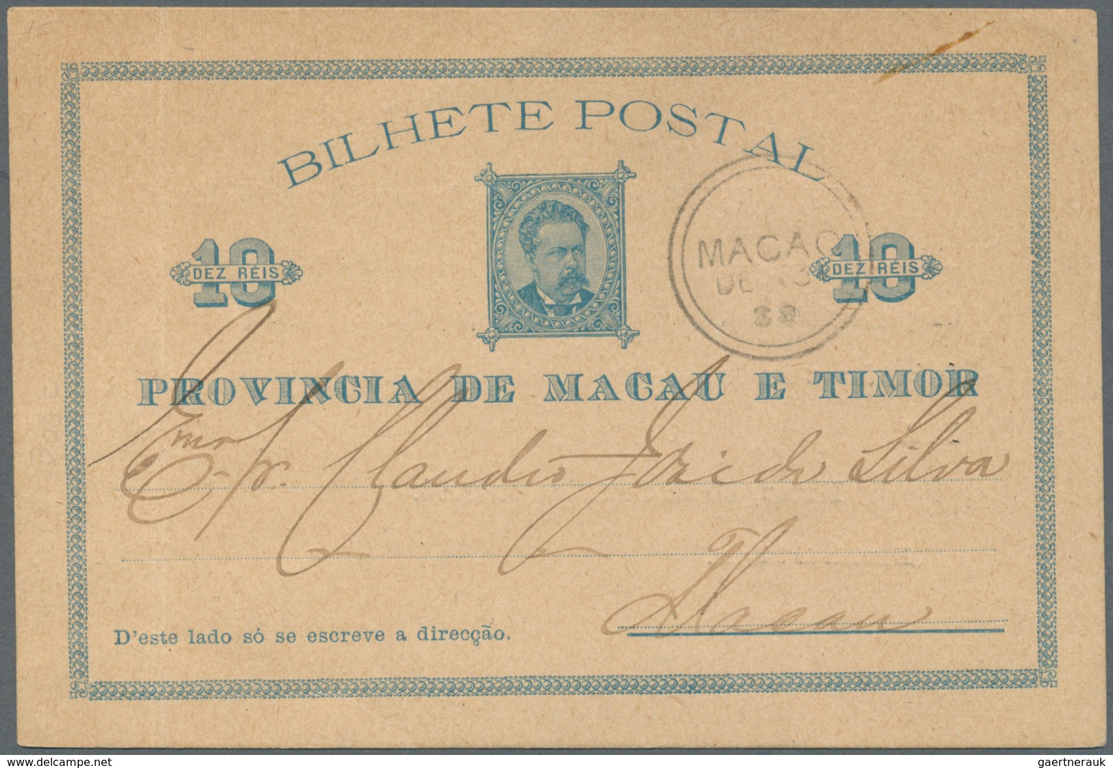 09539 Macau - Ganzsachen: 1885 (ca.), Stationery Card 10 R. Blue Canc. "MACAO DE 30 89" Used Local With Pr - Entiers Postaux