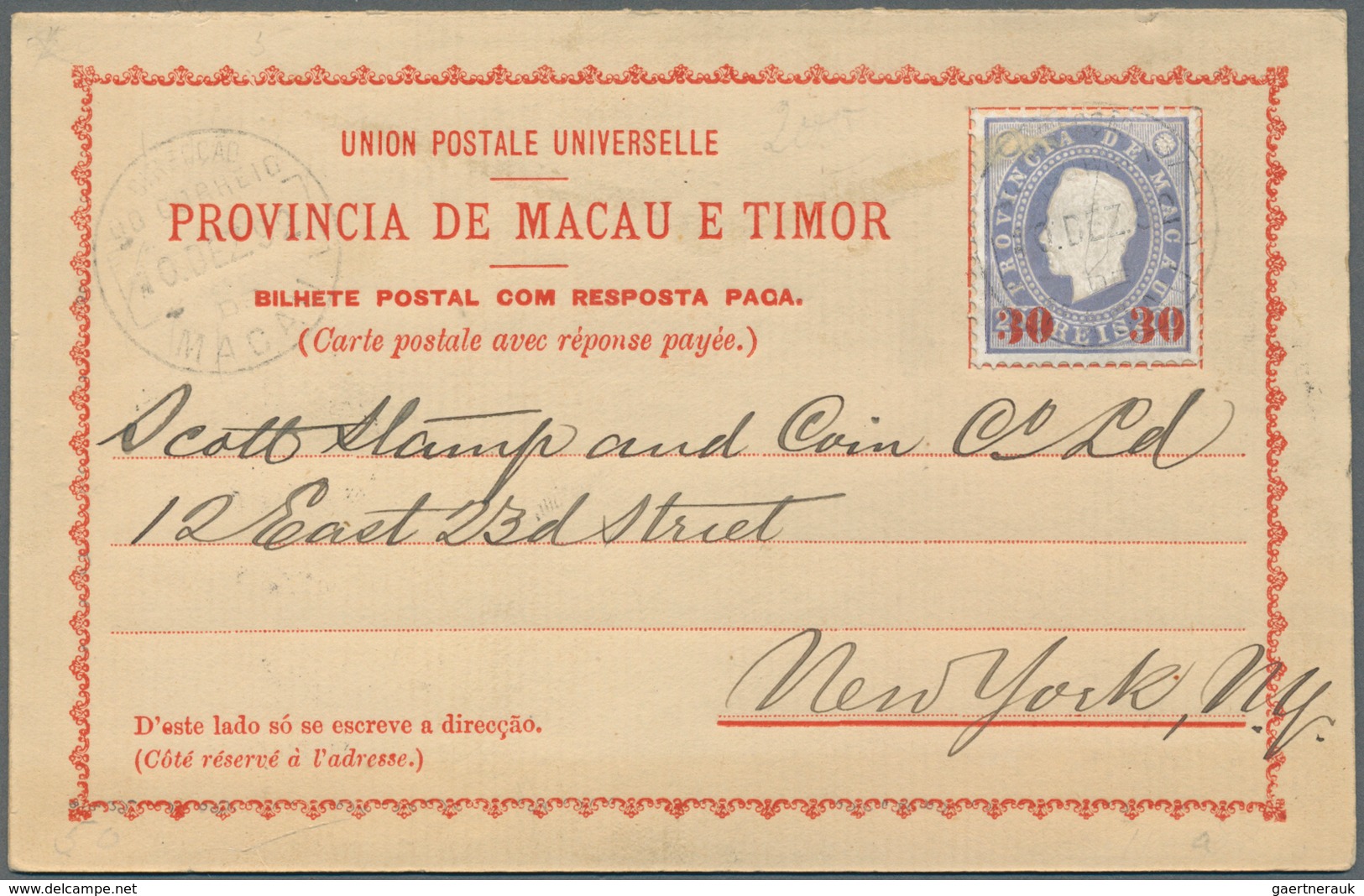 09542 Macau - Ganzsachen: 1893, Provisional Double Card 30+30 R. "MACAU 10 DEZ. 92" To Scott Co. New York, - Ganzsachen