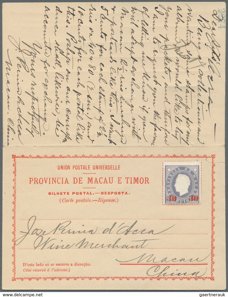 09542 Macau - Ganzsachen: 1893, Provisional Double Card 30+30 R. "MACAU 10 DEZ. 92" To Scott Co. New York, - Ganzsachen