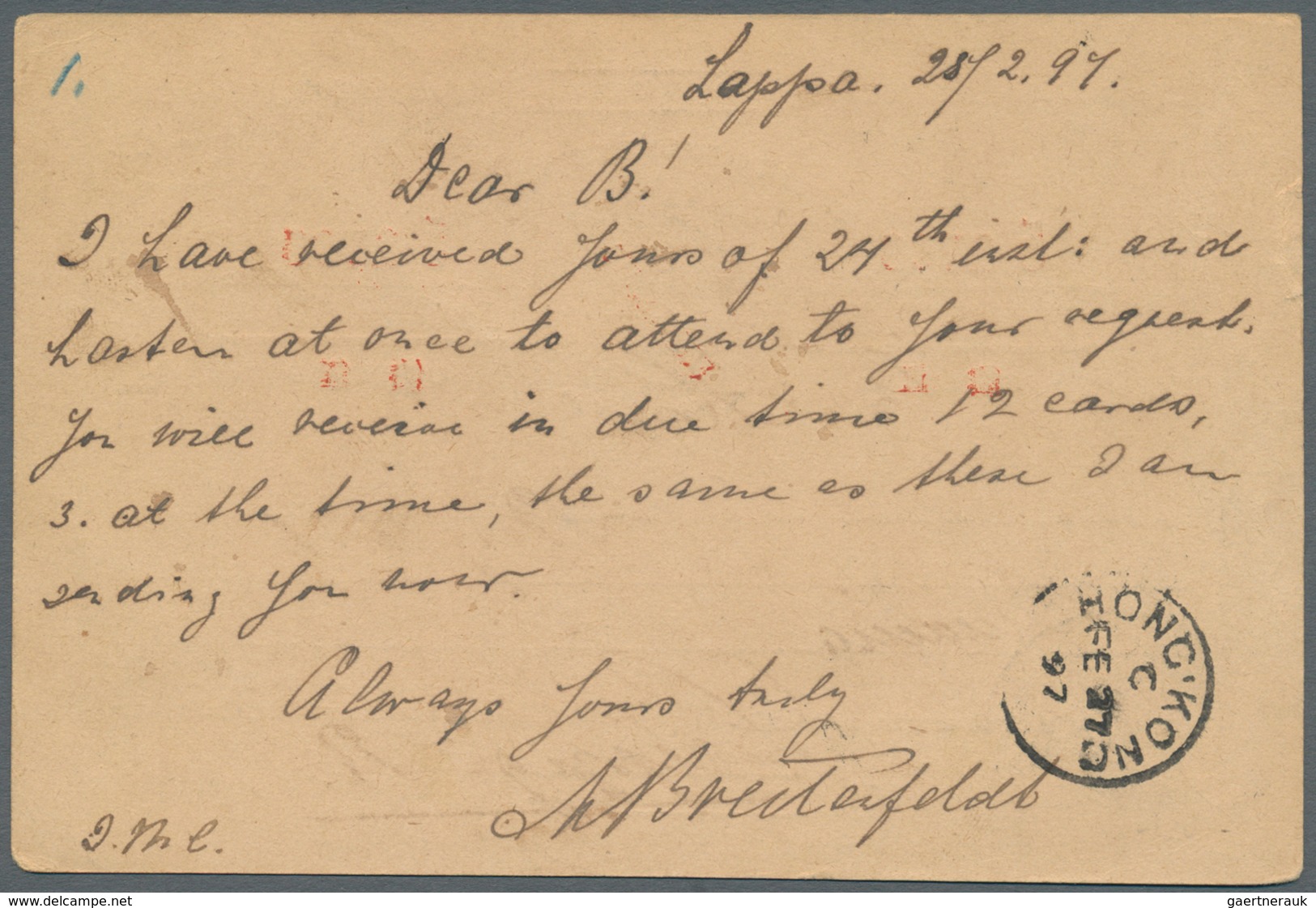 09545 Macau - Ganzsachen: 1897, 5 Avos/ 30 R. Canc. "MACAO 27 FE 97" W. "CUSTOMS LAPPA FEB 27 1897" Alongs - Ganzsachen