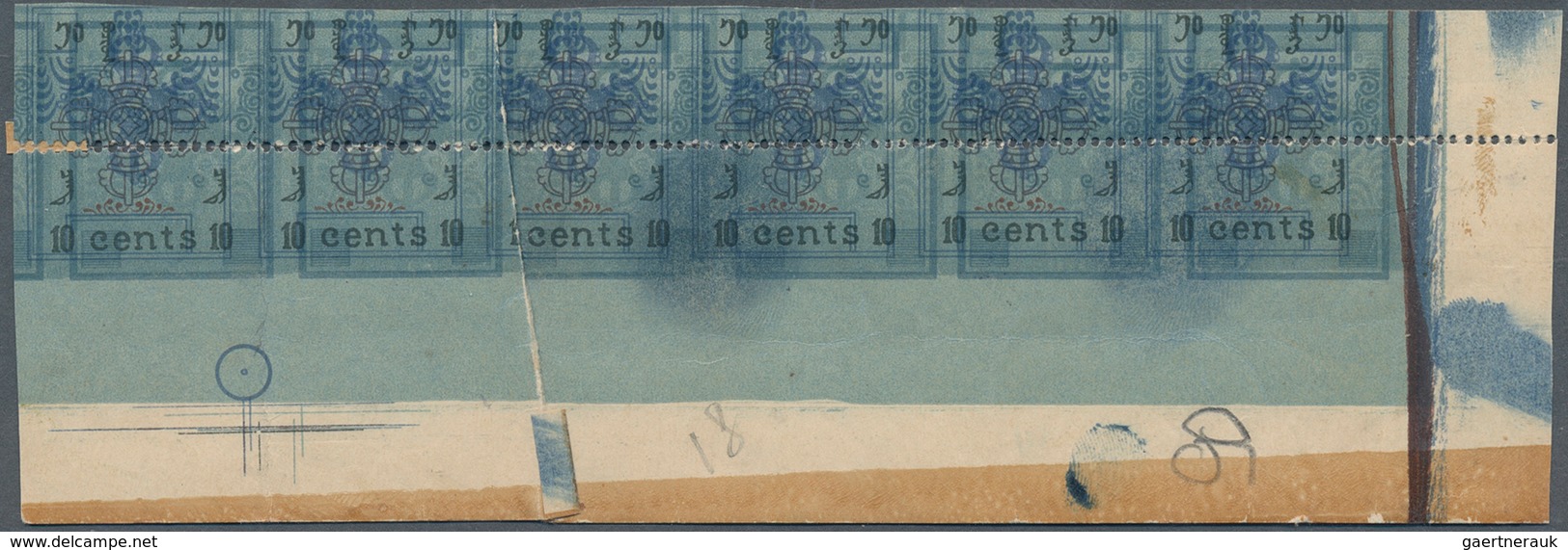09559 Mongolei: 1924 First Issue 10c. IMPERFORATED PROOF, Bottom Right Corner Strip Of 6, Variety "SHIFTED - Mongolia