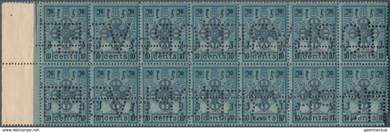 09562 Mongolei: 1924 First Issue 10c. Left Hand Marginal Block Of 14 (2x7), Perf 13½, Additionally Perfora - Mongolei