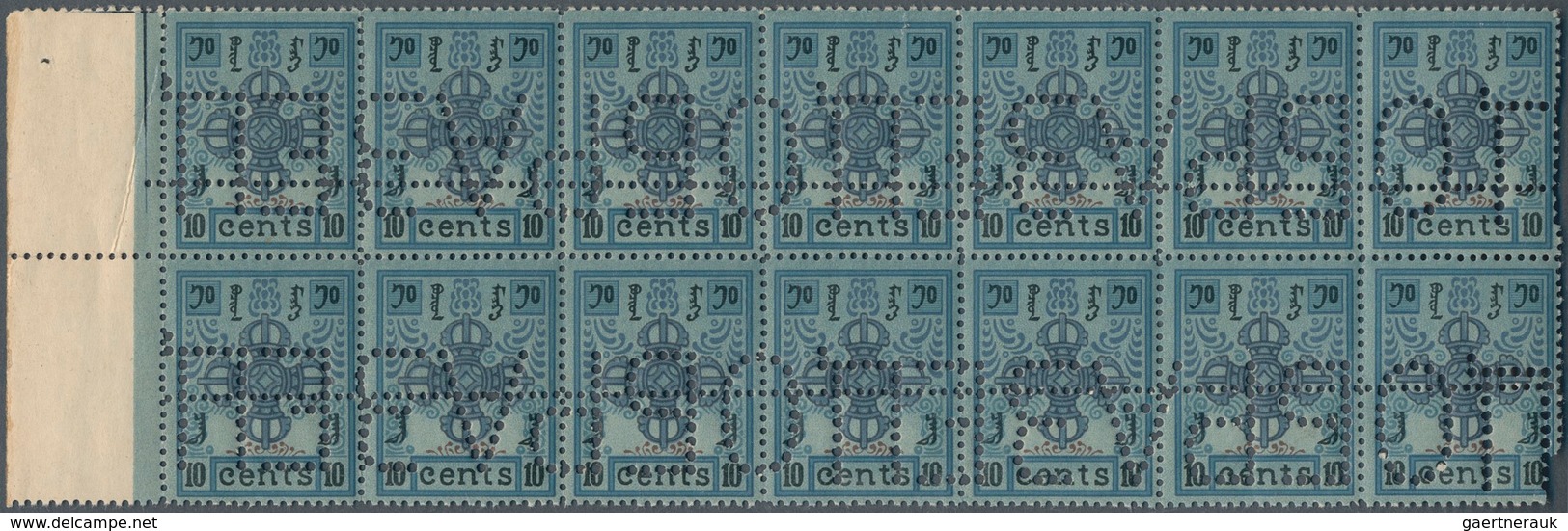 09562 Mongolei: 1924 First Issue 10c. Left Hand Marginal Block Of 14 (2x7), Perf 13½, Additionally Perfora - Mongolie