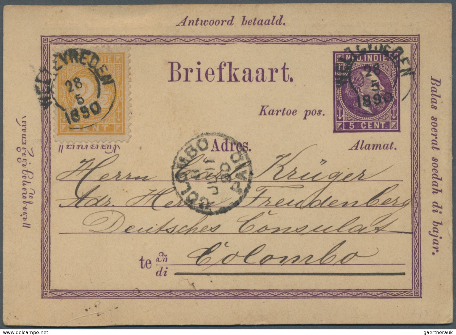 09583 Niederländisch-Indien: 1890, 5 C. Stationery Reply Card Uprated With 2 1/2 C. Sent From WELTEVREDEN - Indes Néerlandaises