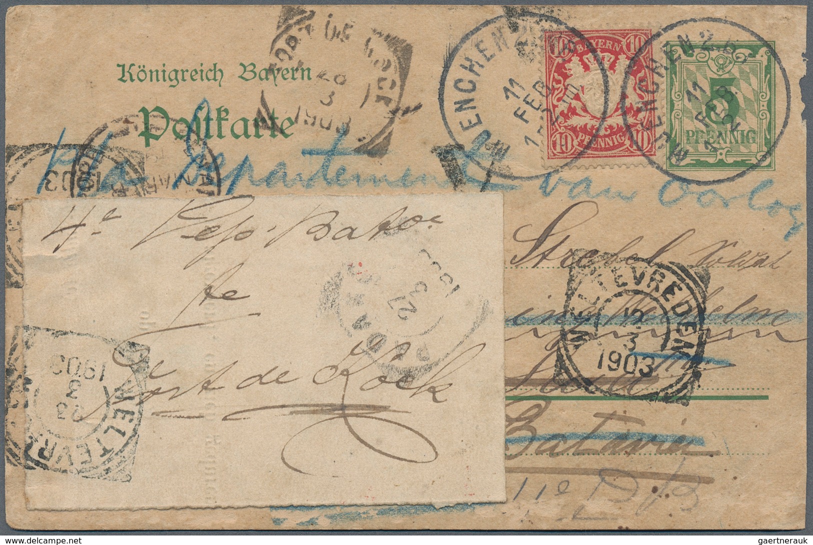 09586 Niederländisch-Indien: 1903, INCOMING MAIL: Bavaria 5 Pf Psc Uprated With 10 Pf Carmine, Sent From M - Indie Olandesi