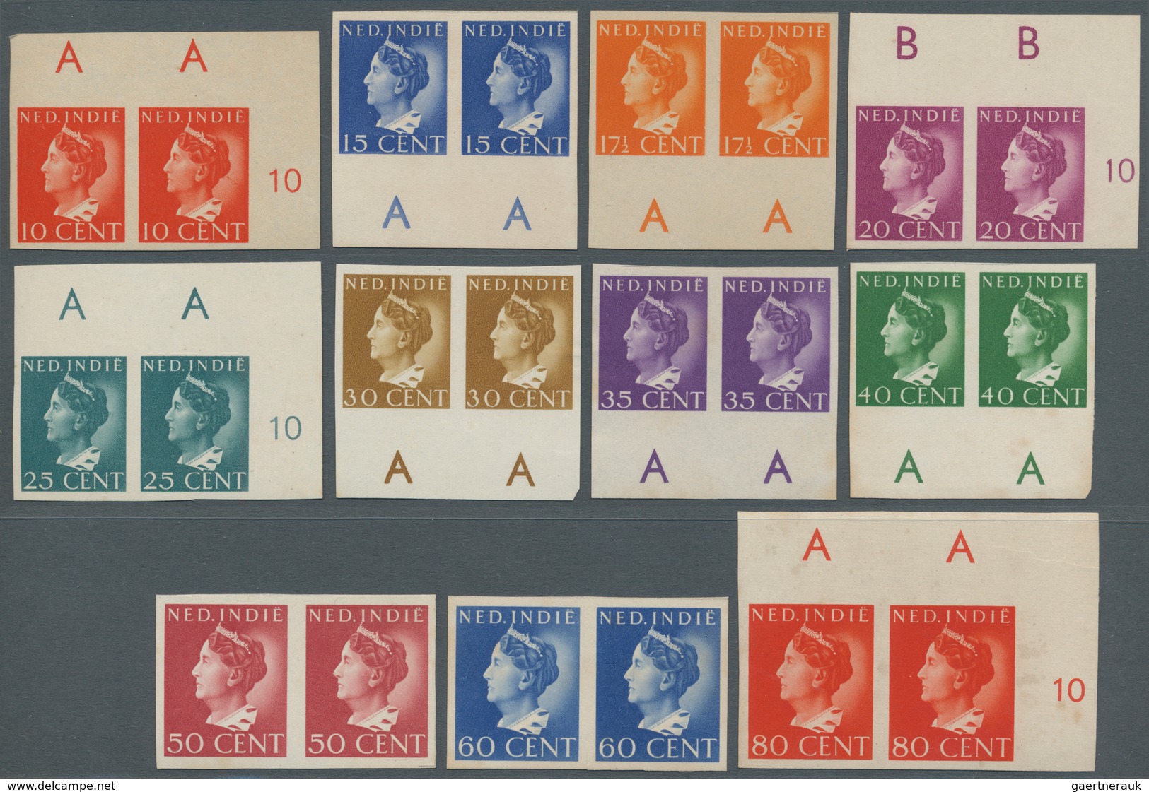 09589 Niederländisch-Indien: 1941/47 Series, 10 C.- 25 Gld., Imperforated Ungummed Proofs In Horizontal Pa - Niederländisch-Indien