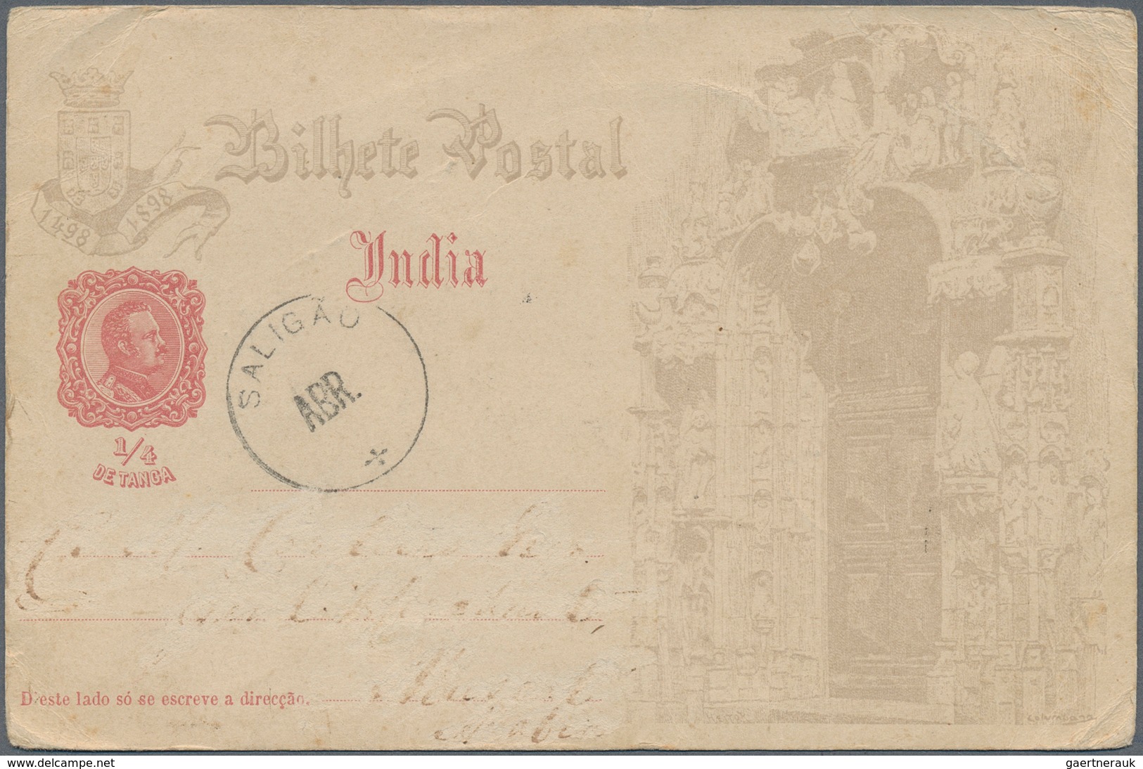 09592 Oman: 1898, Postal Stationery Card Portuguese India 1/4 De Tanga Tied By Clear "SALIGAO ABR" Cds. Ad - Oman