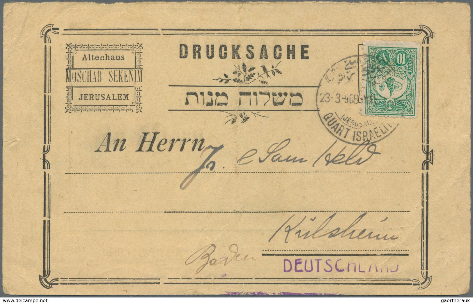 09599 Palästina: 1908, Türkish 10 Pa On Photo-illustrated Envelope "Altenhaus Moschab Sekenim" (vert. Fold - Palestina