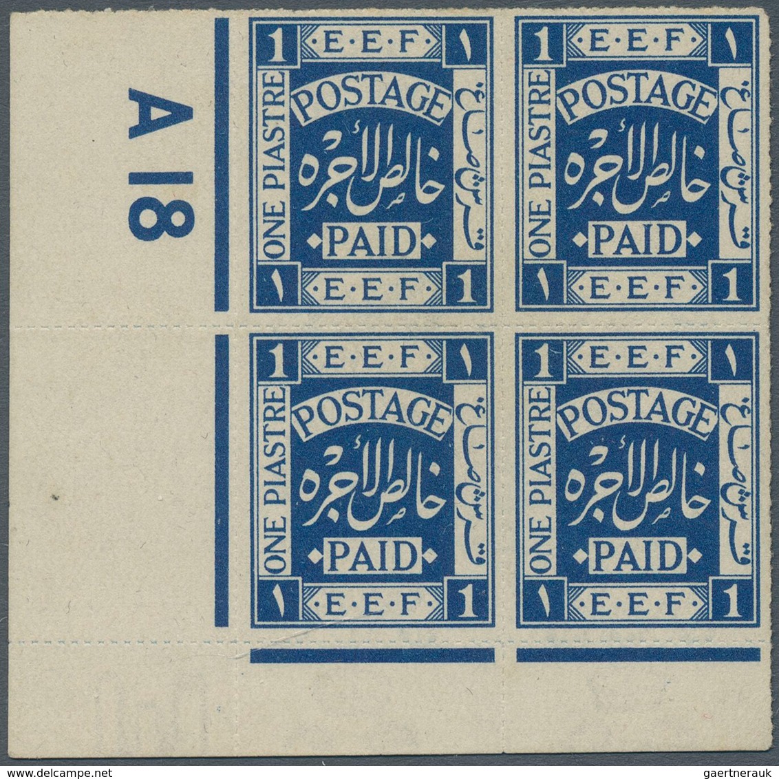 09600 Palästina: 1918. 1pi Blue Corner Control Block Of 4 With #A18. Without Gum As Usual. (Sc #1) - Palestina