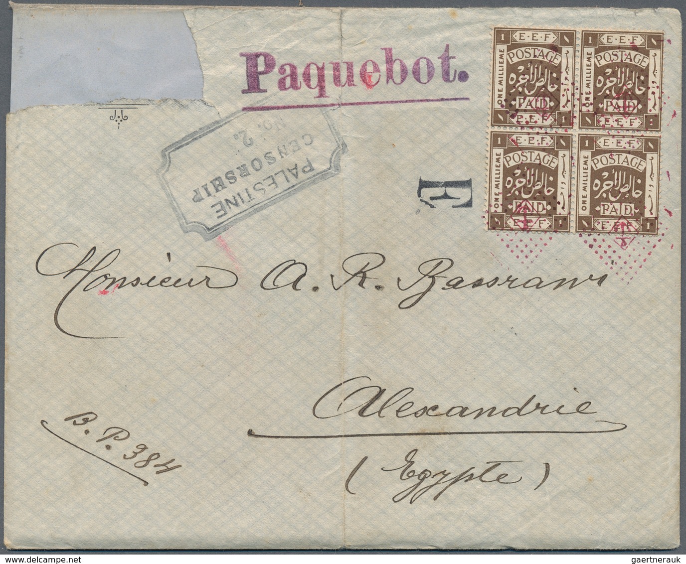 09601 Palästina: 1918, A Very Unusual Steamship Cover With 1 M Olive Block Of 4 Of The Typographed Issue T - Palästina