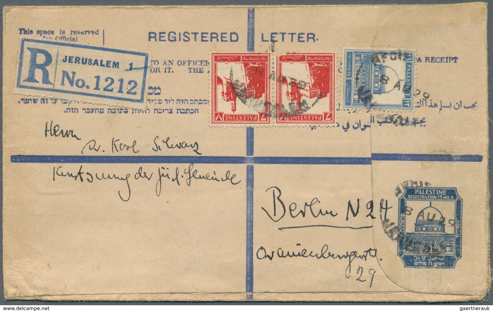 09605 Palästina: 1929, 13 M. Stat. Envelope (156 X 95) With Additional Franking Sent Registered From JERUS - Palestine