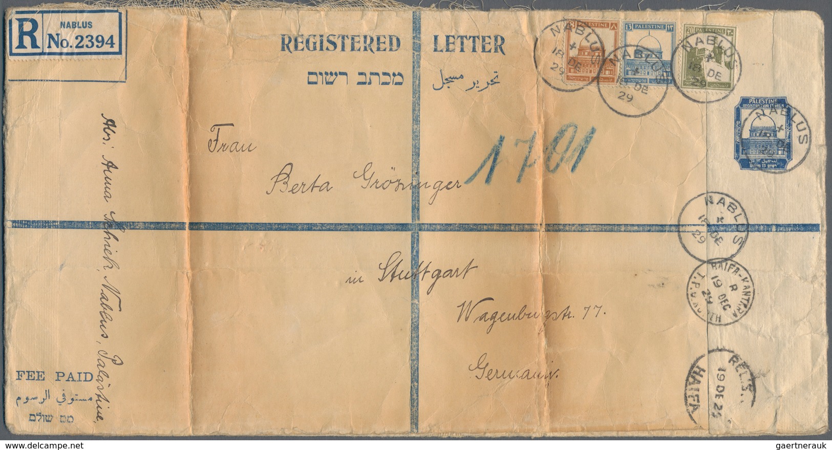 09606 Palästina: 1929, 13 Mills Large Registered Stationery Envelope ( 290 X 148mm )uprated With 8,13 And - Palestine