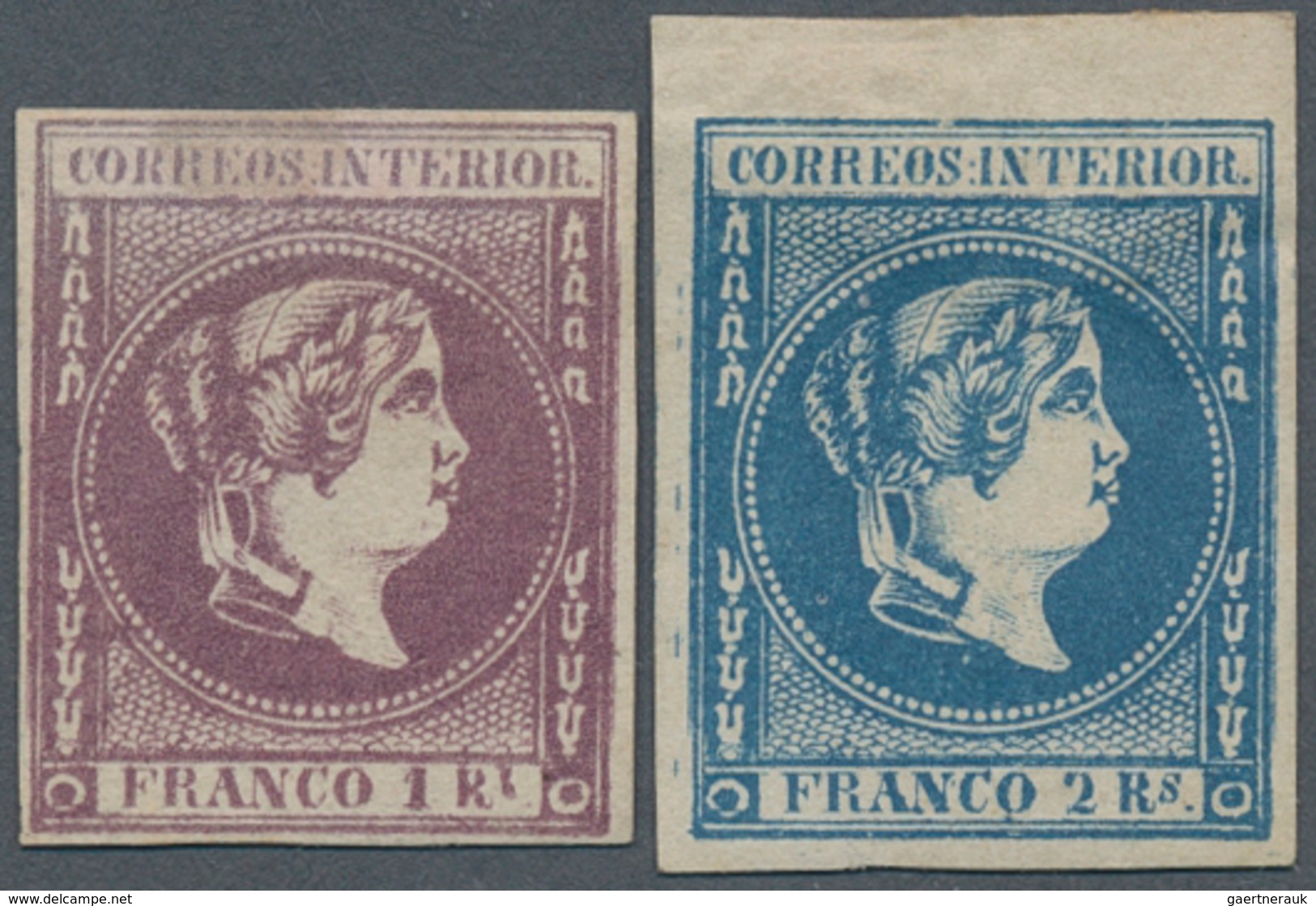 09615 Philippinen: 1863. 1 R Violett And 2 R Blue, Very Wide Top Margin At 2 R, Fresh Colors And Very Scar - Philippinen