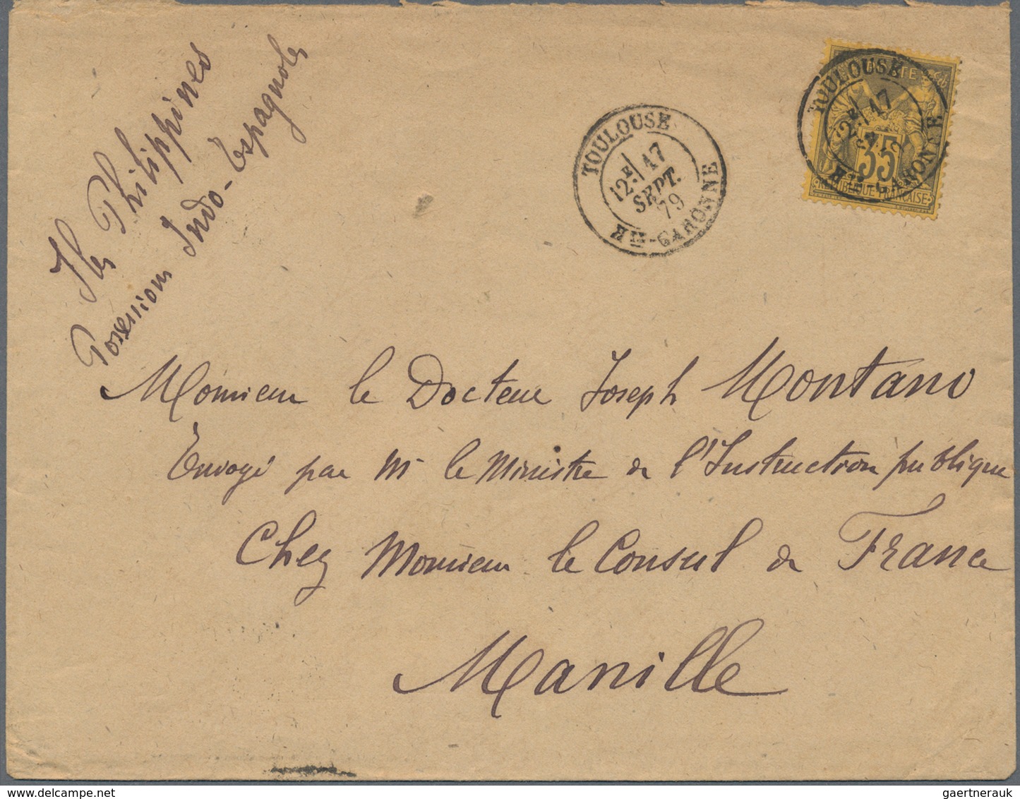 09617 Philippinen: 1879. Envelope Addressed To The French Scientific Mission In Manila, Philippines Bearin - Philippinen