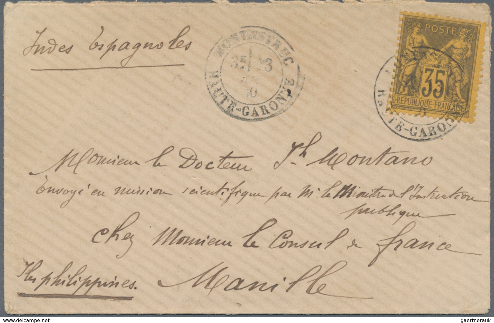 09618 Philippinen: 1879. Envelope Addressed To The French Scientific Mission In Manila, Philippines Bearin - Philippinen