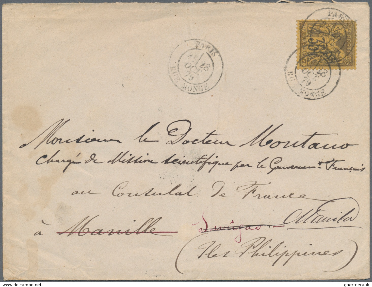 09621 Philippinen: 1879. Envelope Addressed To The French Scientific Mission In Manila, Philippines Bearin - Philippinen