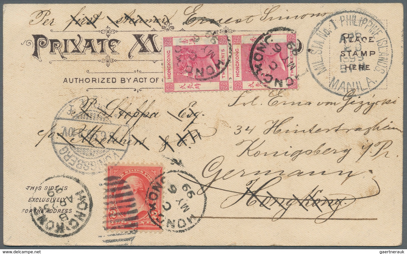 09624 Philippinen: 1899, US 2 C. Unovpt. Tied Oval Bars To Colour Ppc "Private Mailing Card" Showing On Re - Philippines