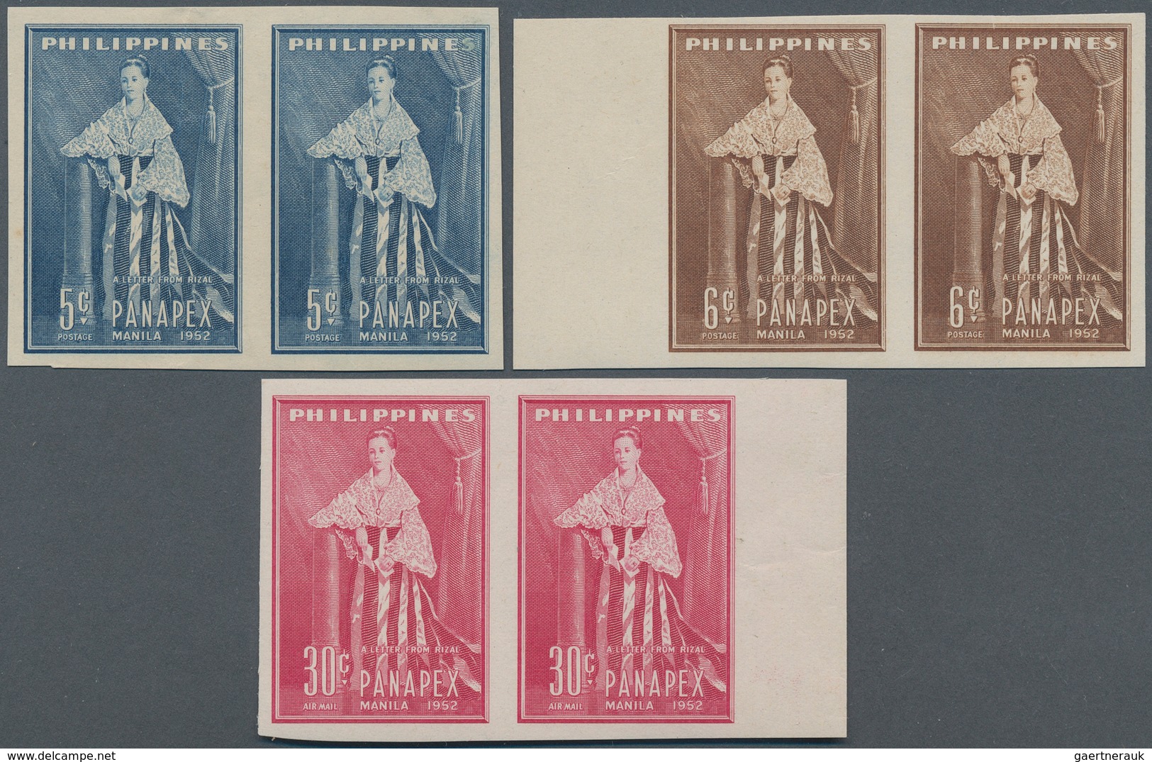 09629 Philippinen: 1952, PANAPEX Set In Horizontal Inperforated Pairs, 5c With Heavy Fold, 30 C With Gum F - Philippinen