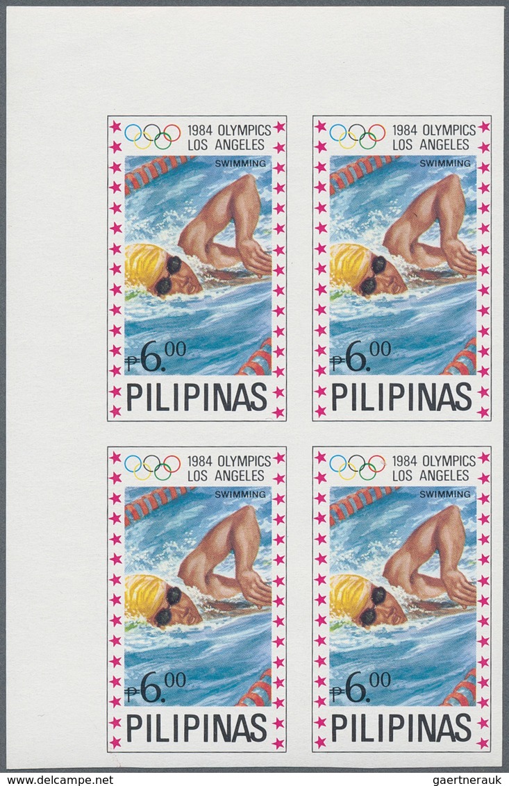 09630 Philippinen: 1984, Olympic Games imperforated complete set, blocks of four from the top margin of th