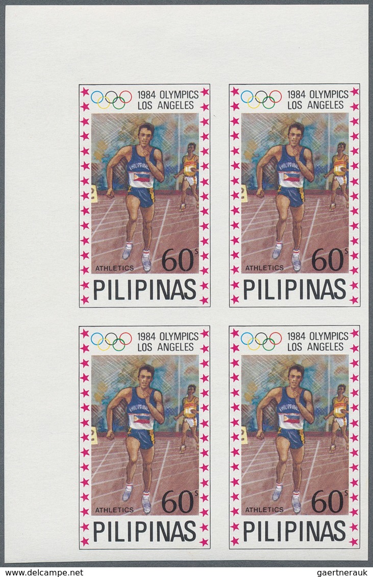 09630 Philippinen: 1984, Olympic Games imperforated complete set, blocks of four from the top margin of th