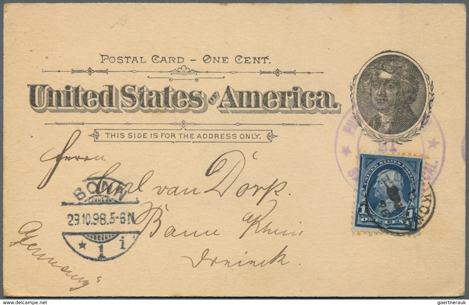 09632 Philippinen - Ganzsachen: 1898, Card 1 C. Uprated 1 C. Blue Canc. Violet Double Circle "PHILIPPINE S - Philippinen