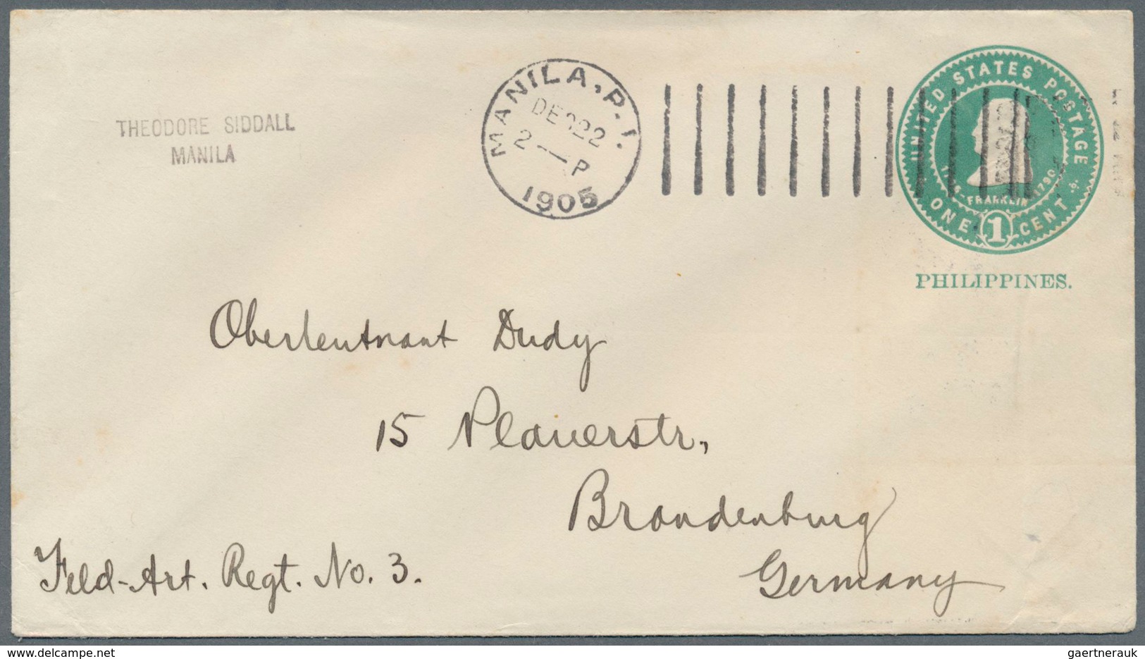 09633 Philippinen - Ganzsachen: 1905, Stationery Envelope 1c. Green, Used To Germany, Oblit. By Rare Machi - Philippines