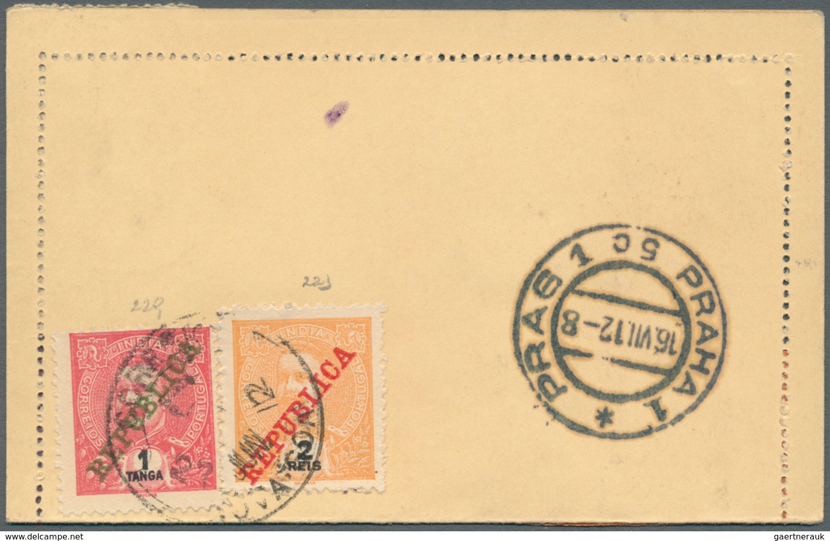 09636 Portugiesisch-Indien: 1912/13, Two Letter Cards Registered To Prague/Bohemia: 6 Rs. Uprated 2 T. (no - Portugiesisch-Indien