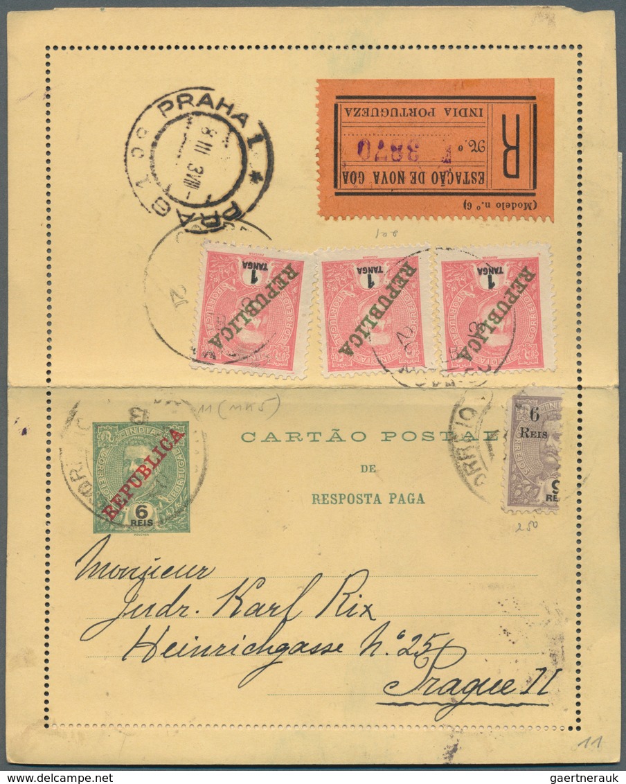 09640 Portugiesisch-Indien: 1912/13, Two Letter Cards With Paid Reply Registered To Prague/Bohemia: 6 Rs. - Inde Portugaise