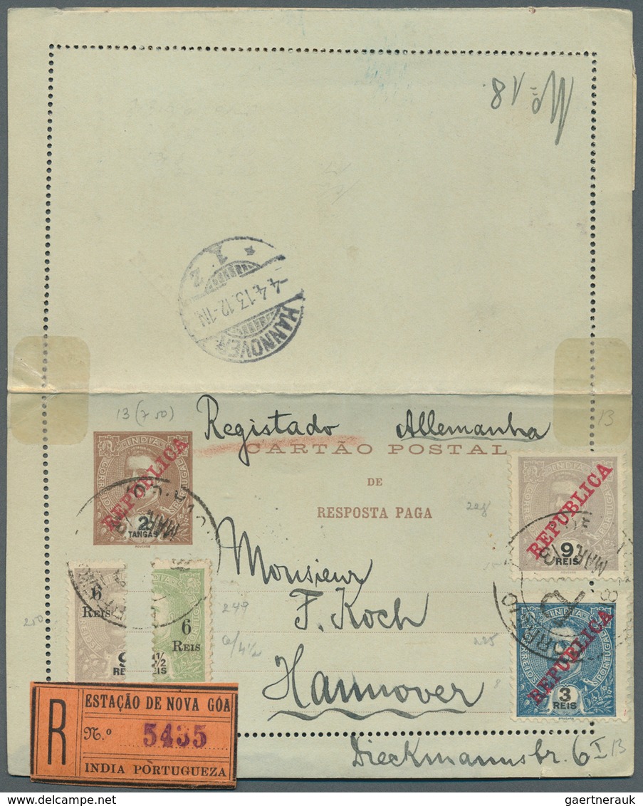 09641 Portugiesisch-Indien: 1913, Letter Card 2 T. With Paid Reply Uprated 3 R., 9 R. And Bisects 6 R./8 R - Inde Portugaise