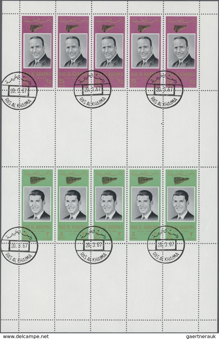 09646 Ras Al Khaima: 1966, American Astronauts, Perforated Issue, Four Complete Se-tenant Gutter Sheets (c - Ras Al-Khaimah