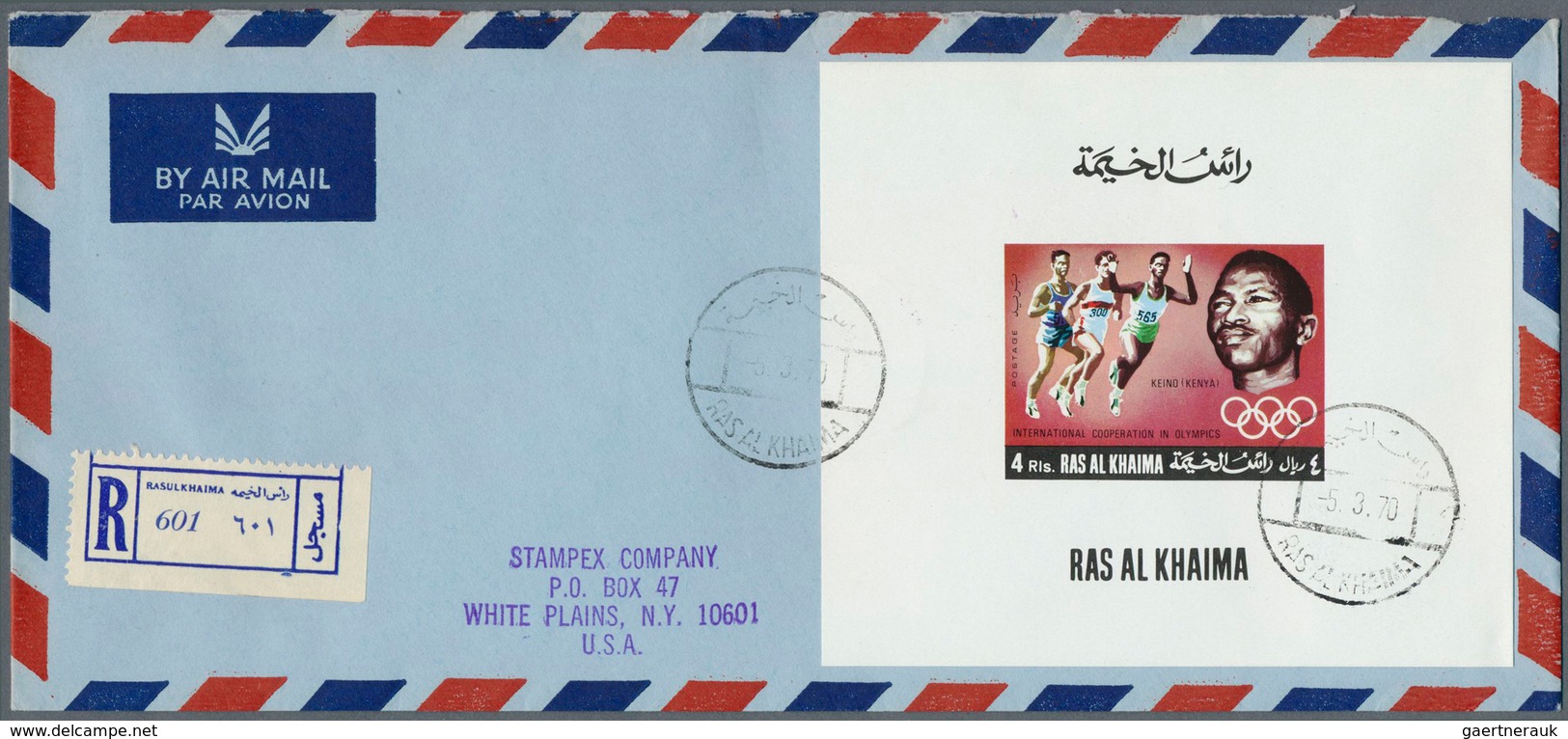 09650 Ras Al Khaima: 1969, Olympic Games Cooperation, Five Registered Airmail Covers Tor USA With Arrival - Ras Al-Khaimah