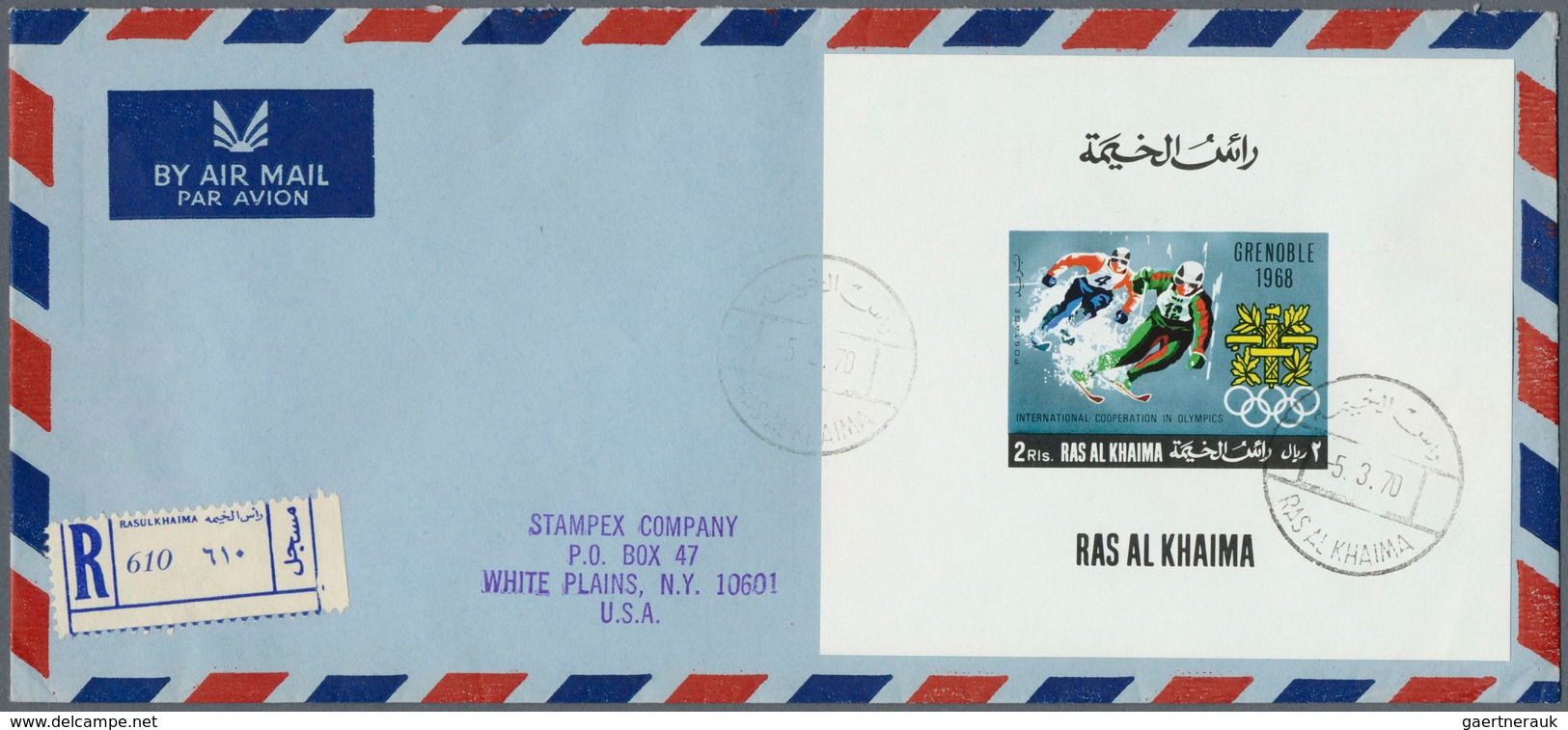 09650 Ras Al Khaima: 1969, Olympic Games Cooperation, Five Registered Airmail Covers Tor USA With Arrival - Ras Al-Khaimah