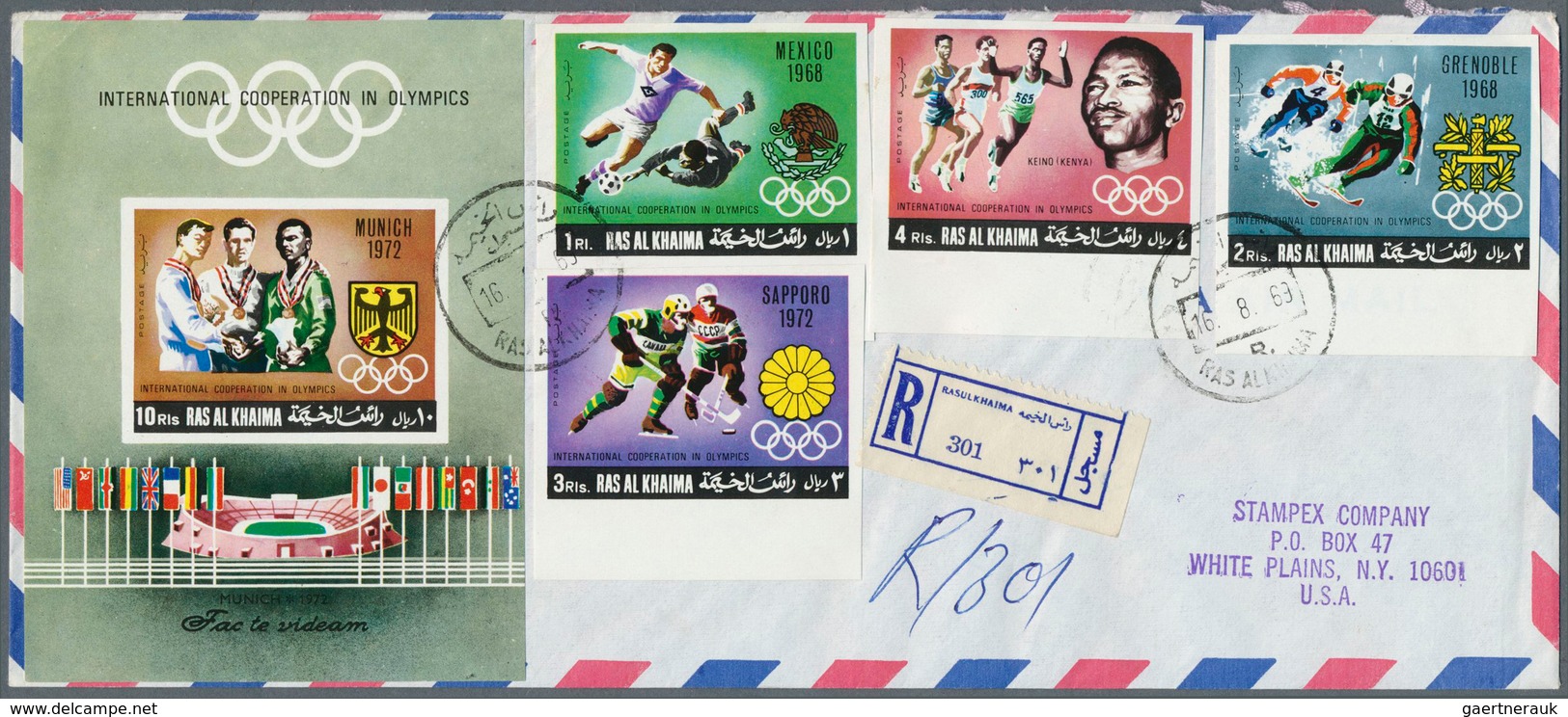09650 Ras al Khaima: 1969, Olympic Games Cooperation, five registered airmail covers tor USA with arrival