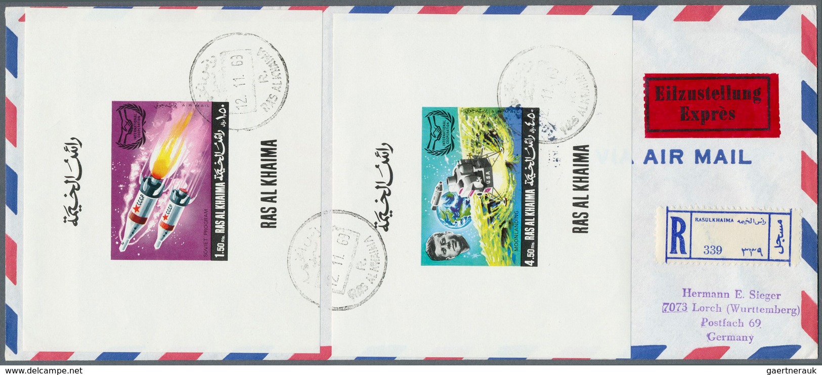 09651 Ras Al Khaima: 1969, Space Research, Four Registered Airmail Covers To USA/Germany With Arrival Mark - Ras Al-Khaimah