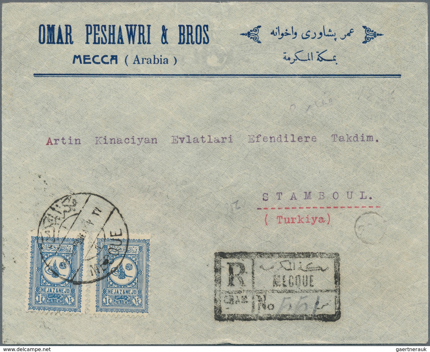 09707 Saudi-Arabien - Nedschd: 1929, Registered Commercial Cover Bearing Two 1 3/4 Pia. Grey Blue Tied By - Arabie Saoudite