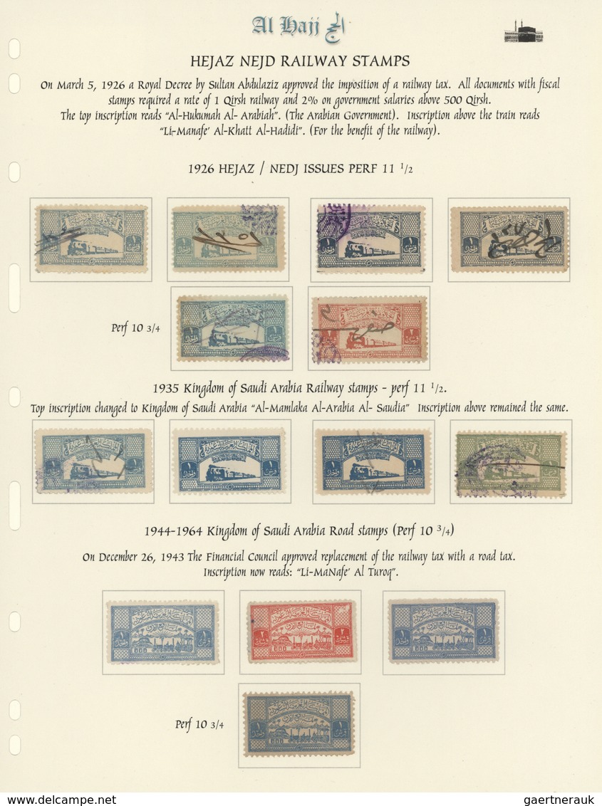 09728 Saudi-Arabien: 1926, RAILWAY & ROAD STAMPS : Album Page With 14 Hejaz / Nejd "Railway" Stamps, Fine - Saudi-Arabien