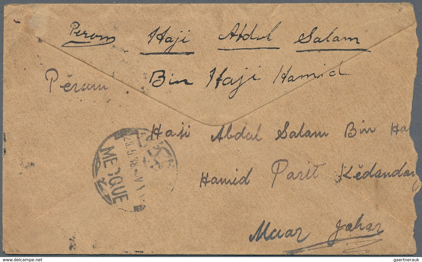 09731 Saudi-Arabien: 1938, INCOMING MAIL: Johore, 12 C Dull Purple And Blue, Single Franking On Cover From - Arabie Saoudite