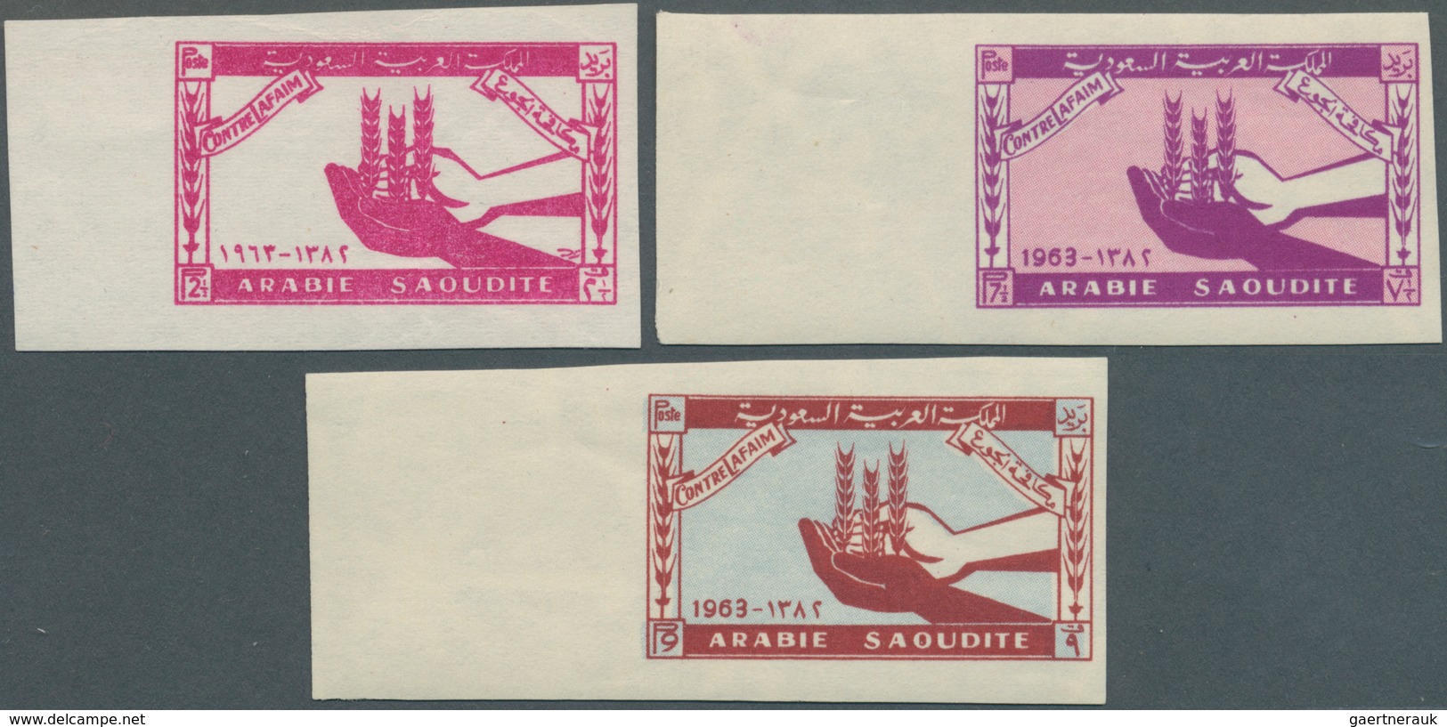 09741 Saudi-Arabien: 1963 'Freedom From Hunger' Set Of Three IMPERFORATED, Each With Sheet Margin At Left, - Saudi-Arabien