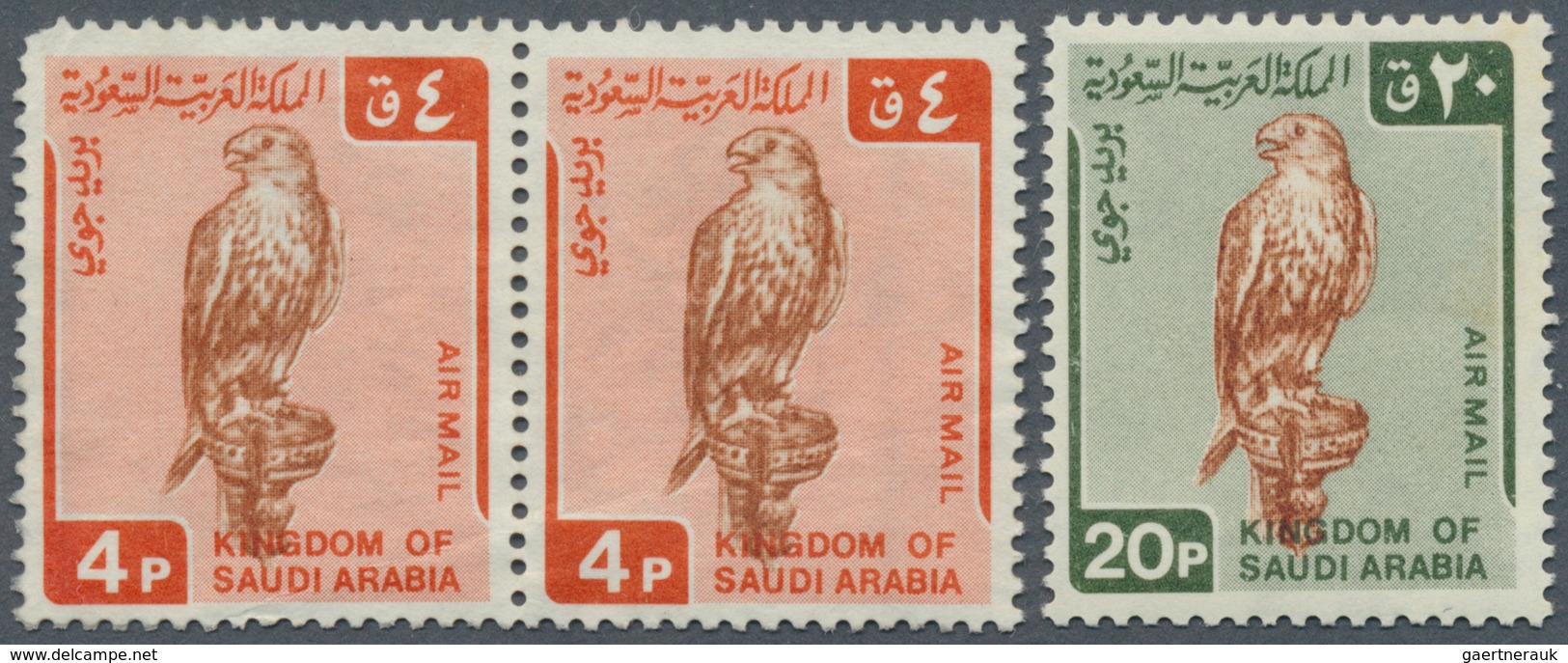 09749 Saudi-Arabien: 1968 'Falcon' 4p. Horizontal Pair And 20p. Single, Mint Never Hinged, With A Diag. Cr - Arabie Saoudite