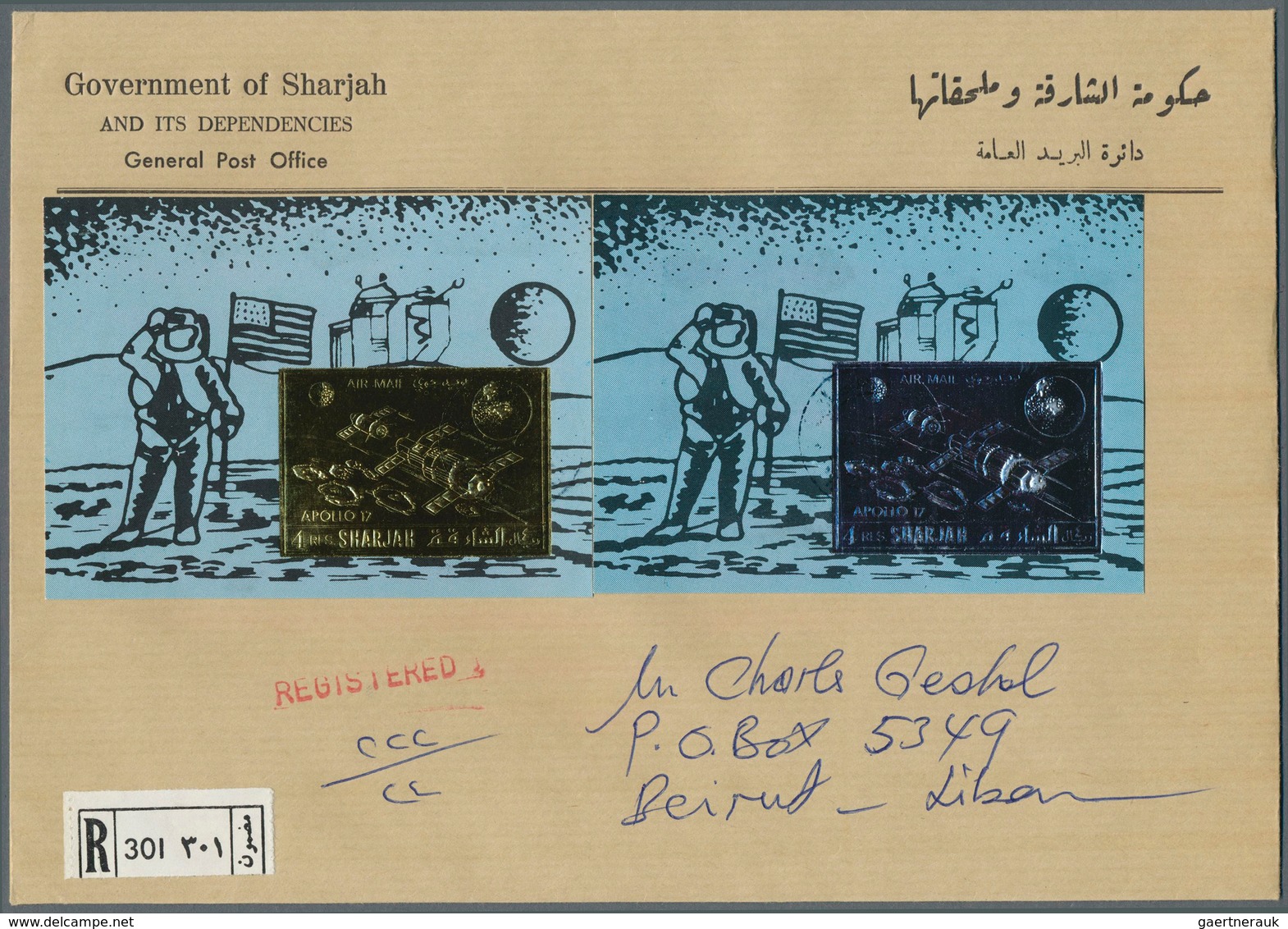 09776 Schardscha / Sharjah: 1972, GOLD/SILVER ISSUE "Apollo 17", Both Souvenir Sheets On Registered Cover - Schardscha